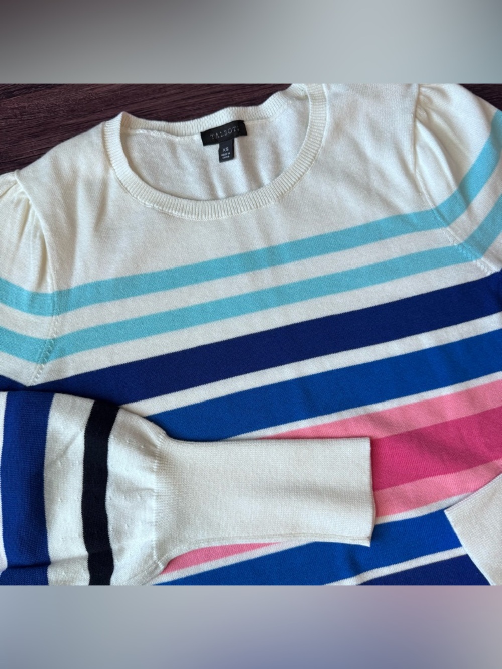 Talbots Women's Sweater Striped Puff Sleeve Crew Neck Pullover XS Lightweight